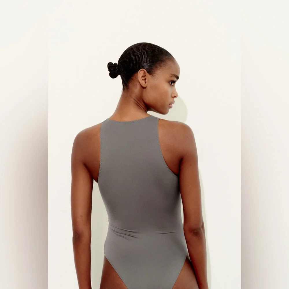 NWT Zara Polyamide Halter Bodysuit in Dark Grey Size L - Picture 4 of 15